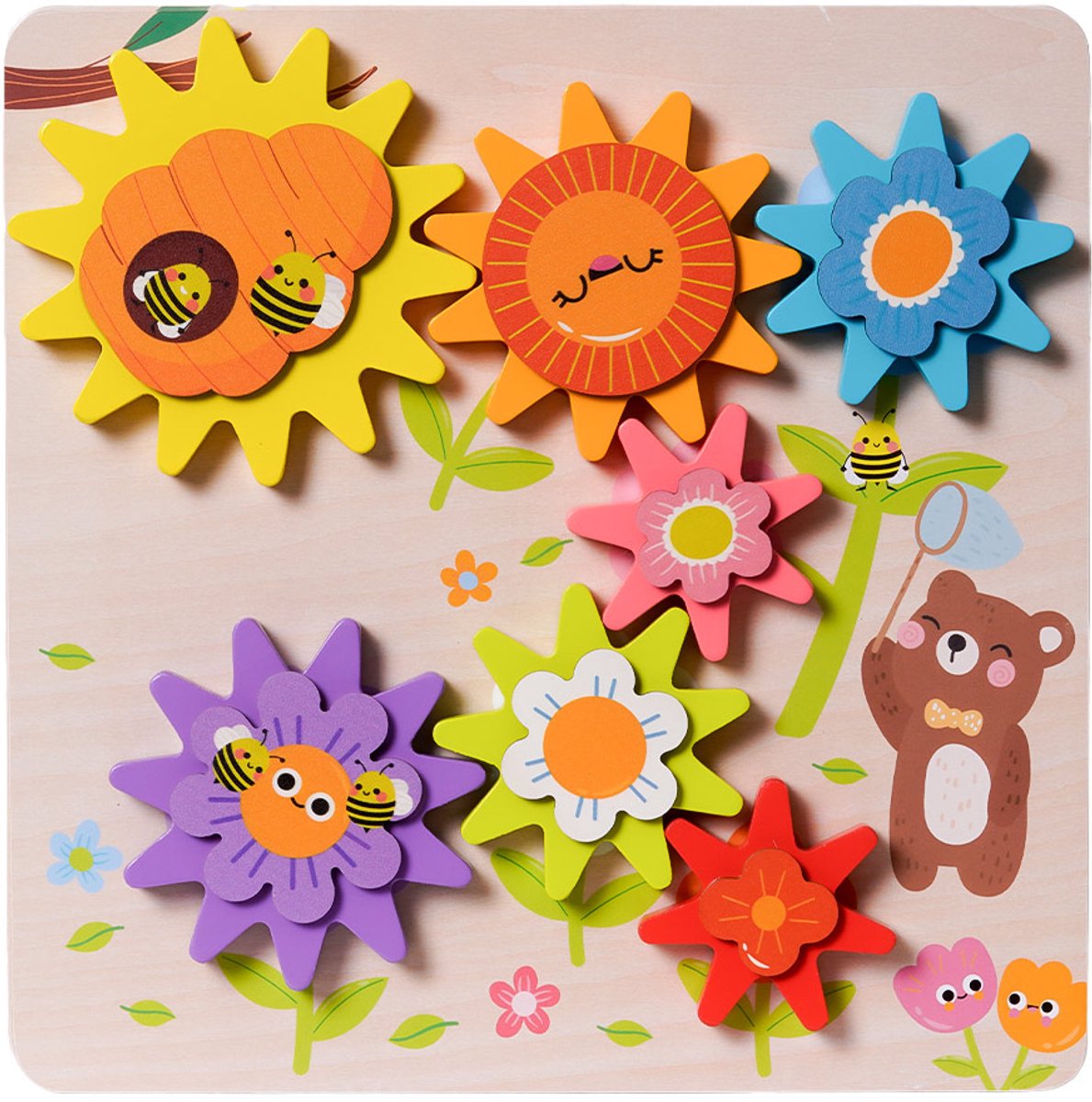 Speelgoedtopdeals - Houten Puzzel met Bloemen Tandwielen - Tandwielenpuzzel voor kinderen