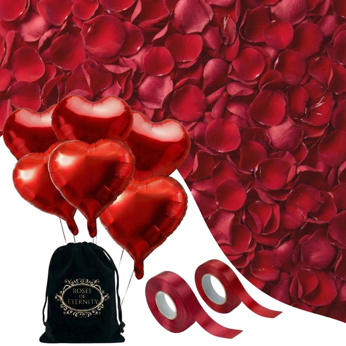 2000x Rode Rozenblaadjes met 6x Hartjes Ballonnen & Lint – Romantische Liefde Versiering – Liefdes Cadeau Decoratie Valentijn - Love - Rood - Huwelijk, Haar, hem, valentijnsdag, vaderdag Cadeautje