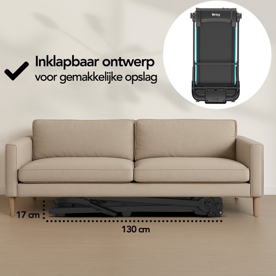 Ingeklapte loopband van 17 cm hoog, onder een bank. "Inklapbaar ontwerp voor gemakkelijke opslag."