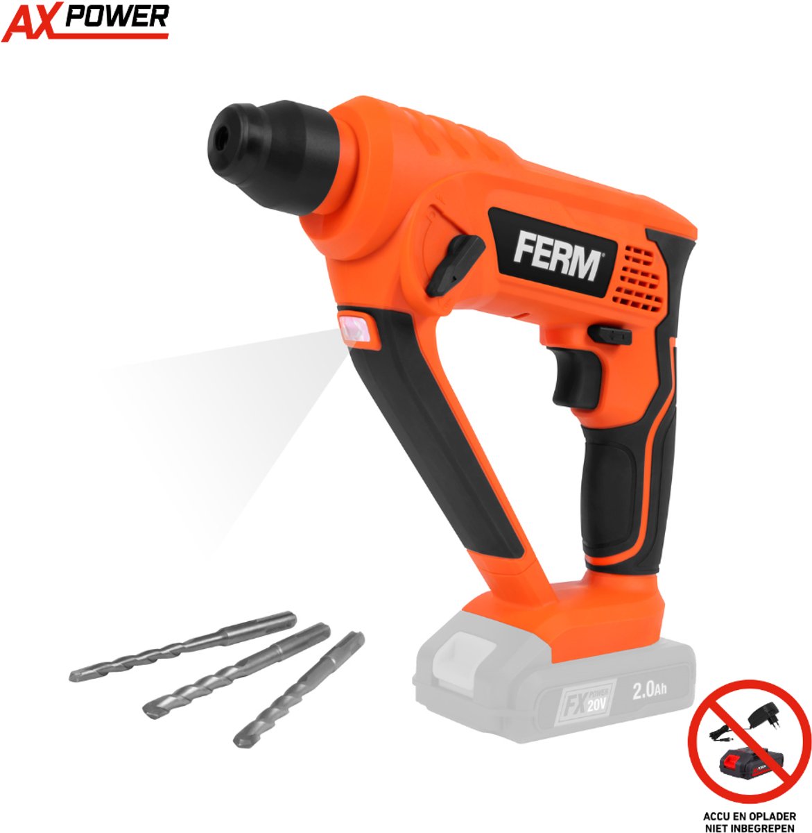 FERM - AX-POWER - HDM1052 - Accuboorhamer - 20V - SDS - LED - Inclusief - 3 SDS-boortjes - Voor AX-platform - Zonder accu - Zonder lader - Beton - Steen - Hout - Staal - Draadloze boorhamer - Past ook op - FX-Power - accu's - Wireless Rotary Hammer