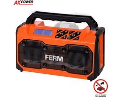 FERM - AX-POWER - JRM1005 - Bouw radio - Bluetooth radio - FM radio - USB oplaadpoort - Stereo - 2x 15W - Draagbaar - Werkt op 20V AX of FX accu [apart verkrijgbaar] - Geschikt voor de werkplaats - Bouwvakker radio - Powerbank functie - Jobsite radio