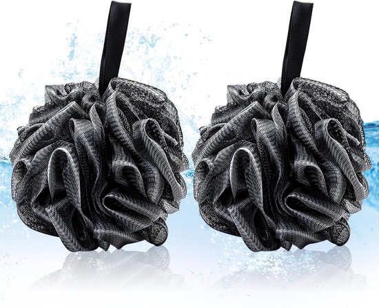 Twee zwarte douche puffs met zwarte lussen, met een splash achtergrond.