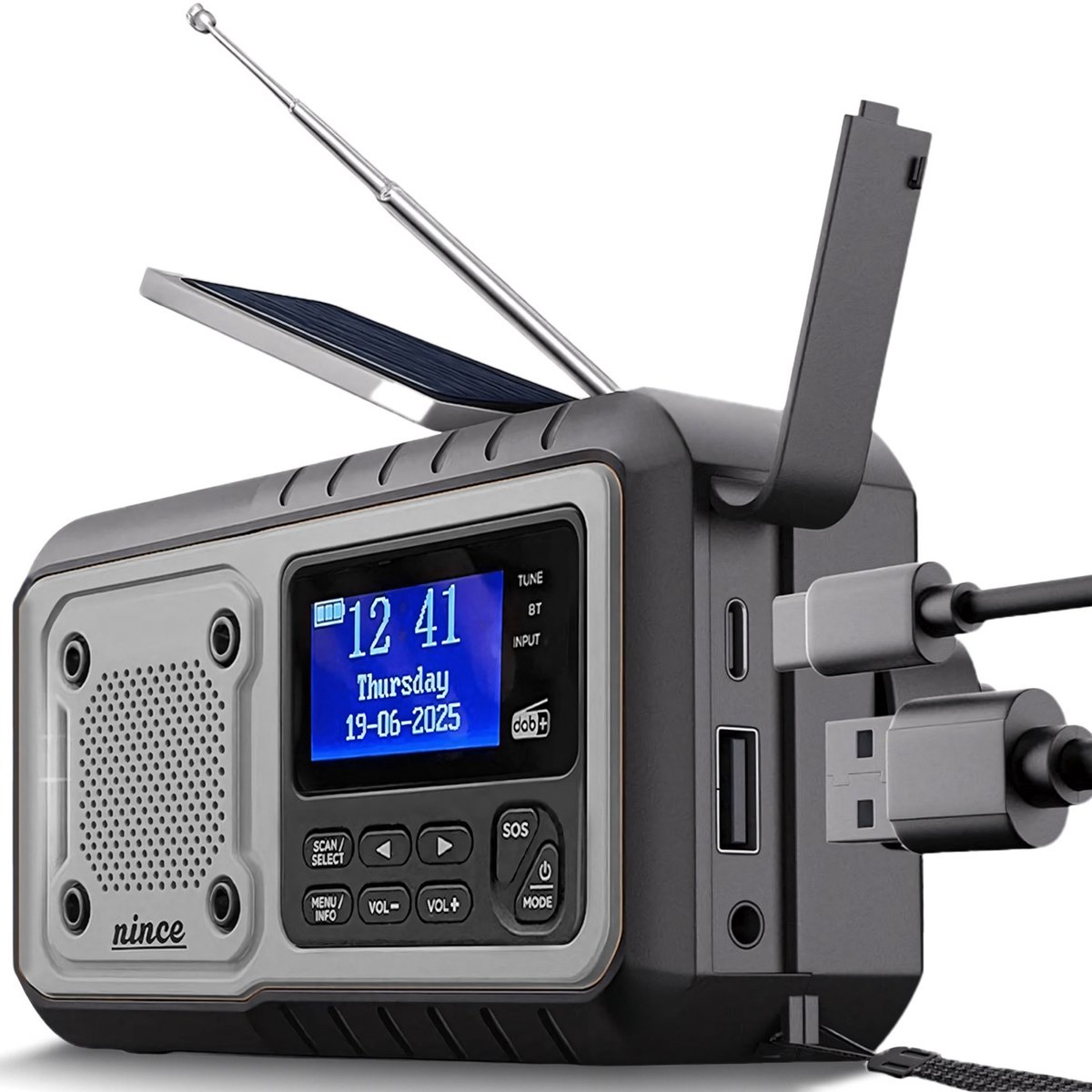 Nince DAB+ Noodradio - Solar, Opwindbaar & Batterijen - Powerbank, Zaklamp & USB-C - FM & Bluetooth