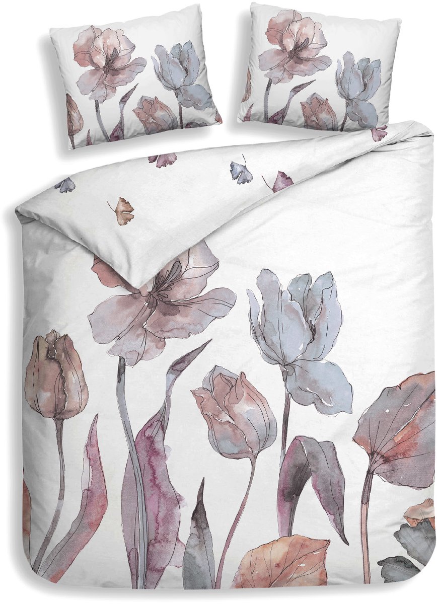 Heckettlane Dekbedovertrek Zeljko - Bedlinnen met Bloemen print - 200x200-220 cm - Tweepersoons - Wit - Dekbedovertrek van 100% Katoen-Satijn White