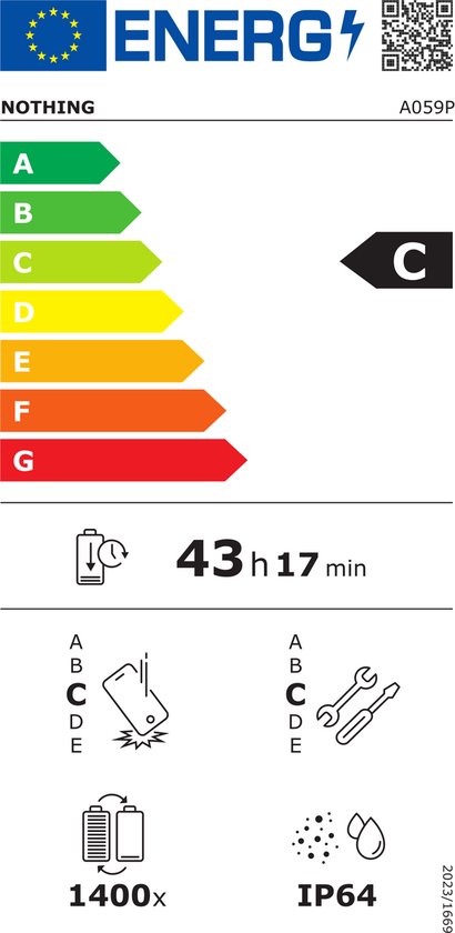 Energie-efficiëntielabel voor Nothing Phone, klasse C, 43 uur 17 min batterijduur.