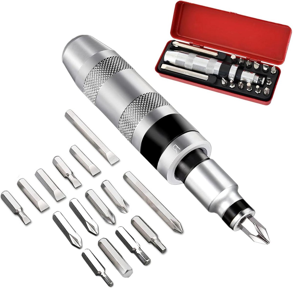 16-delige schroevendraaierset met handmatige Impact Driver - bits voor platte, kruiskop en zeshoek - voor vastzittende en roestige bevestigingen