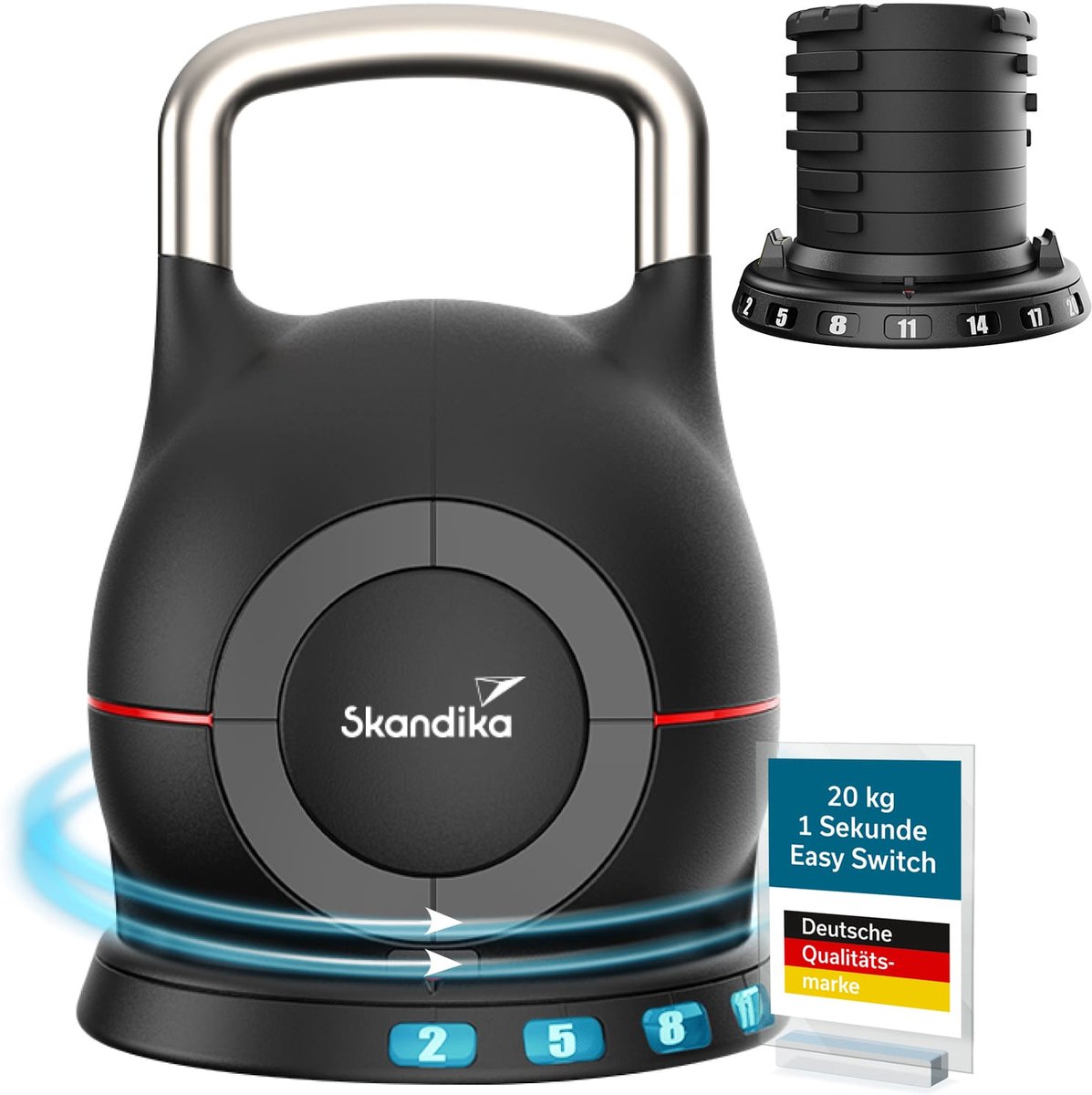 Skandika Kettlebell Paino Kettlebell - verstelbaar, 7 niveaus, 2 tot 20 kg, halter, all-in-one design, snelle gewichtwisseling, compact, dumbbell, verstelbare halters voor thuis, gym, fitness