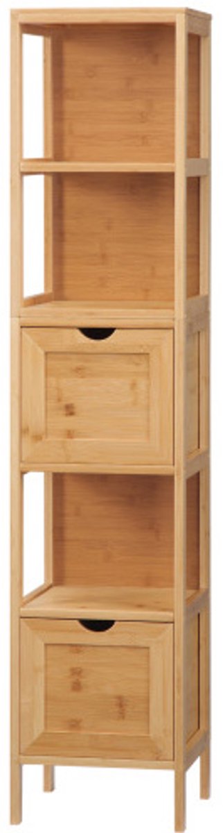 Badkamerkast, opbergkast, zijkast, kast, opbergrek, met 3 open planken en 2 lades, geschikt voor badkamer en toilet, 30 x 30 x 140 cm, houtkleur, bamboe.