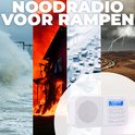 Collage van rampenbeelden: storm, brand, sneeuwstorm en bliksem, met een witte Denver radio rechtsonder. De tekst "NOODRADIO VOOR RAMPEN" staat bovenaan.
