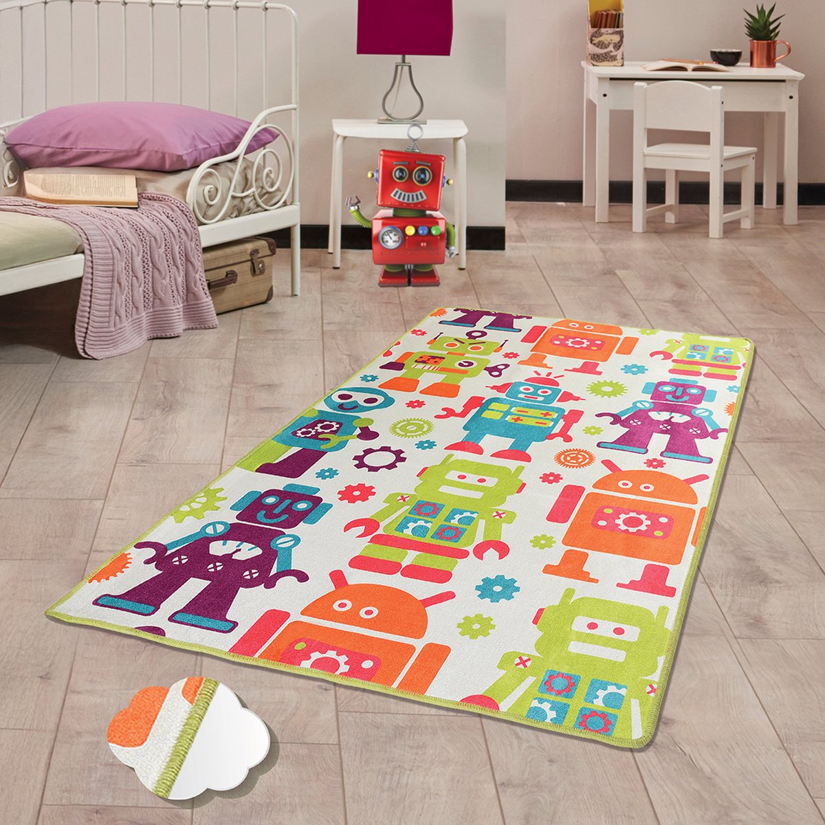 Bosdela Kinder- en Babykleed Wasbaar vloerkleed voor kinder- en babykamers, 100x160 cm, zacht, met robotpatroon, ideaal voor speelkamers en verschoonruimtes.