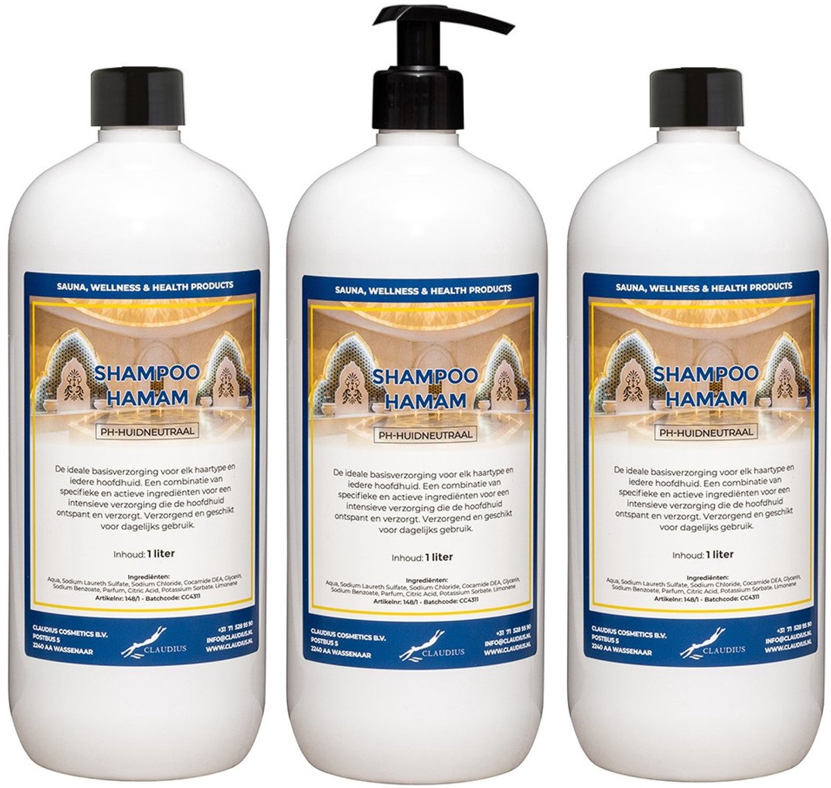 Shampoo Hamam 1 liter met zwarte pomp - set van 3 stuks - voordeelverpakking - haarverzorging