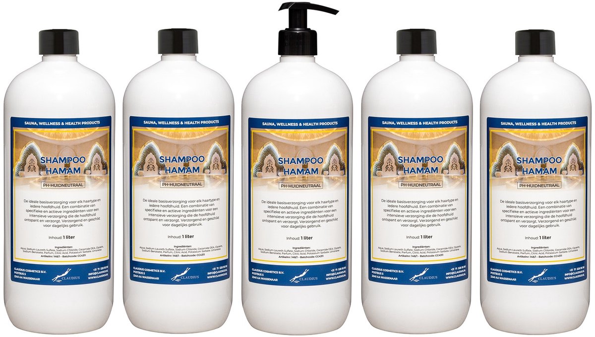 Shampoo Hamam 1 liter met zwarte pomp - set van 5 stuks - voordeelverpakking - haarverzorging