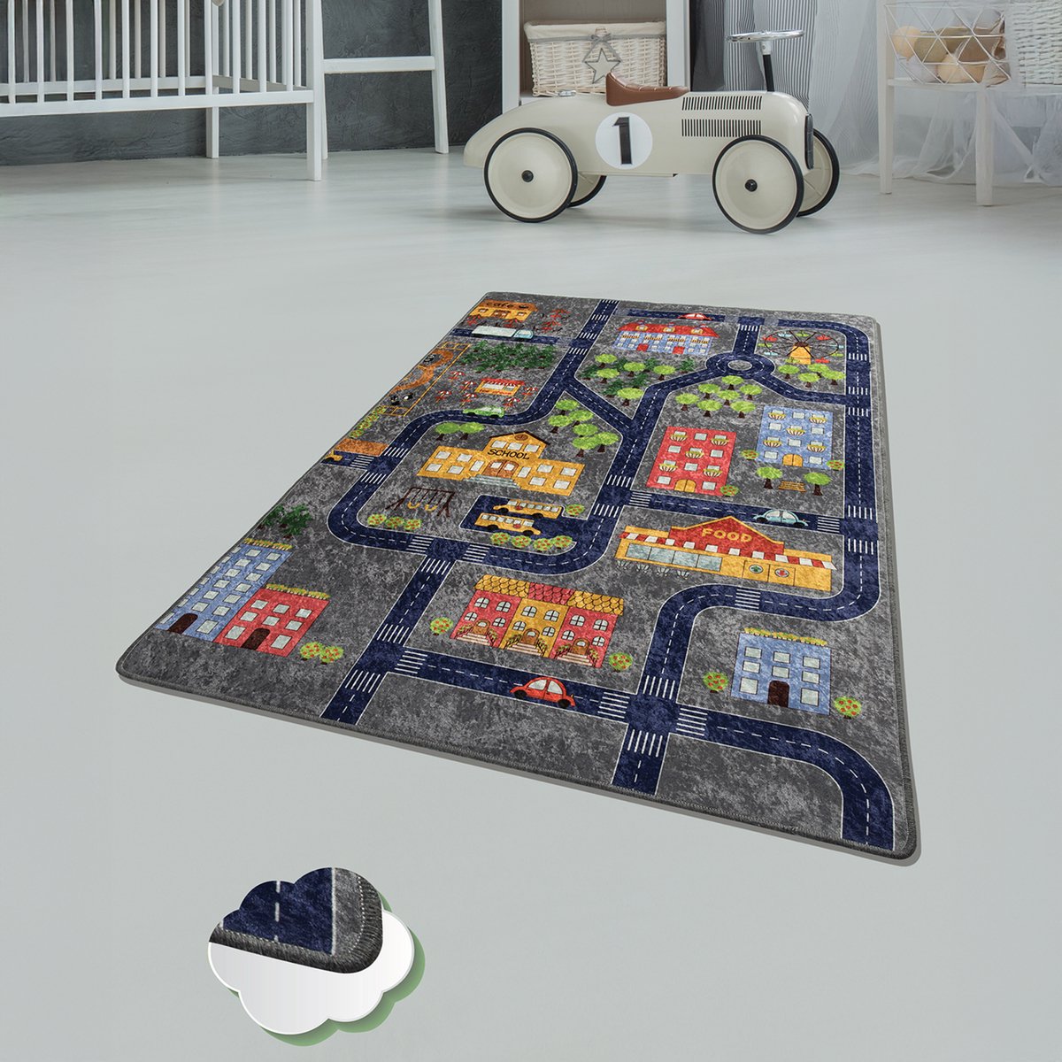 Bosdela Wasbaar kinder- en babykleed, 100x160 cm, ideaal voor kinderkamers, speelkamers en kruipmatten Small Town Grijs