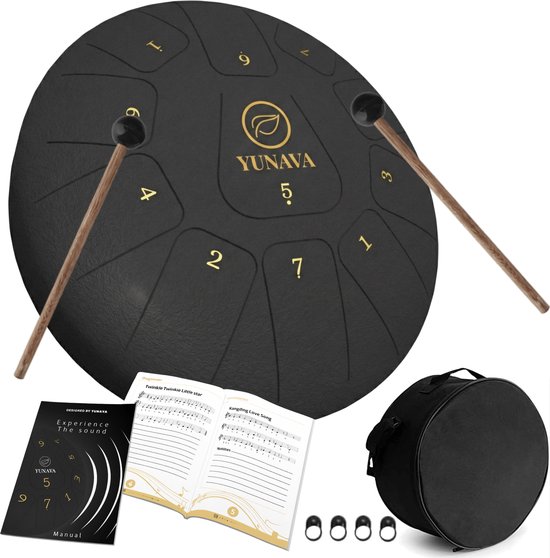 Yunava handpan – 30 cm – zwart – incl. lesboek en tas