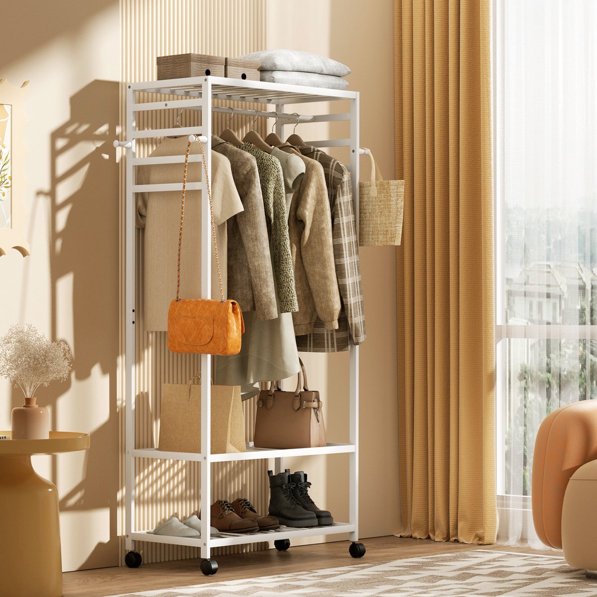 unho Bamboo Kledingrek met Wieltjes – Garderoberek met Schoenenrek & Top Plank – Kapstok met Haken – Wit – 78.5×40×168.5cm