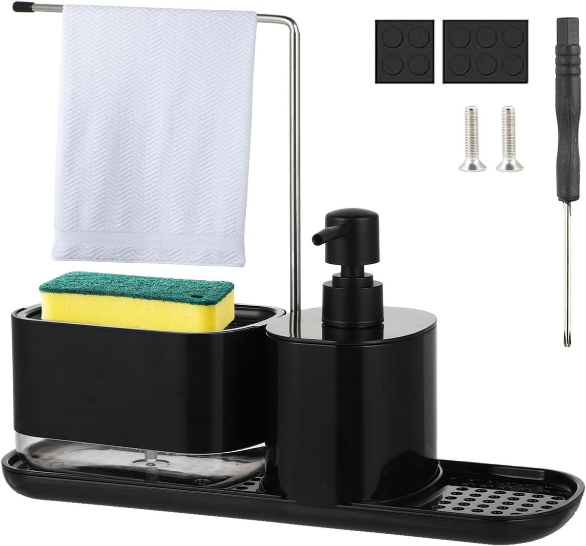Cosensi - Afwasmiddeldispenserset met sponshouder voor keuken - Navulbaar - Handig voor handen wassen en vaatwasser - Zwart - Keukenaccessoire - Praktisch en hygiënisch