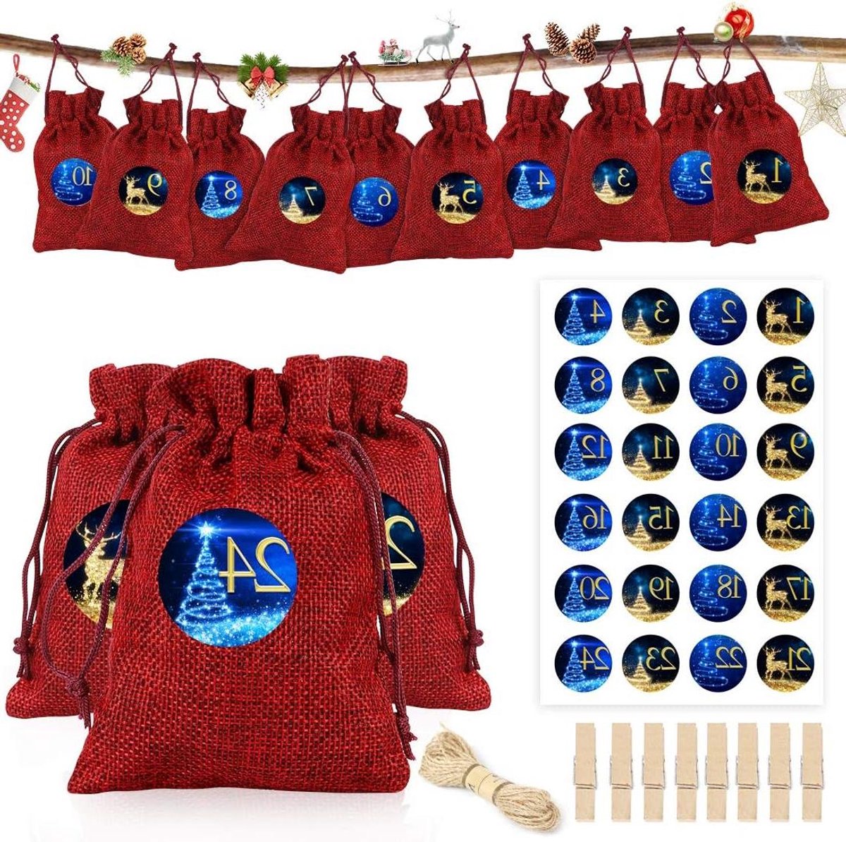 Cosensi - Adventskalenderzakjes 2021 voor Kerstmis aftellen met jute zakken. DIY adventskalenders met adventsnummers stickers. Hangende kalender voor kerstversiering.