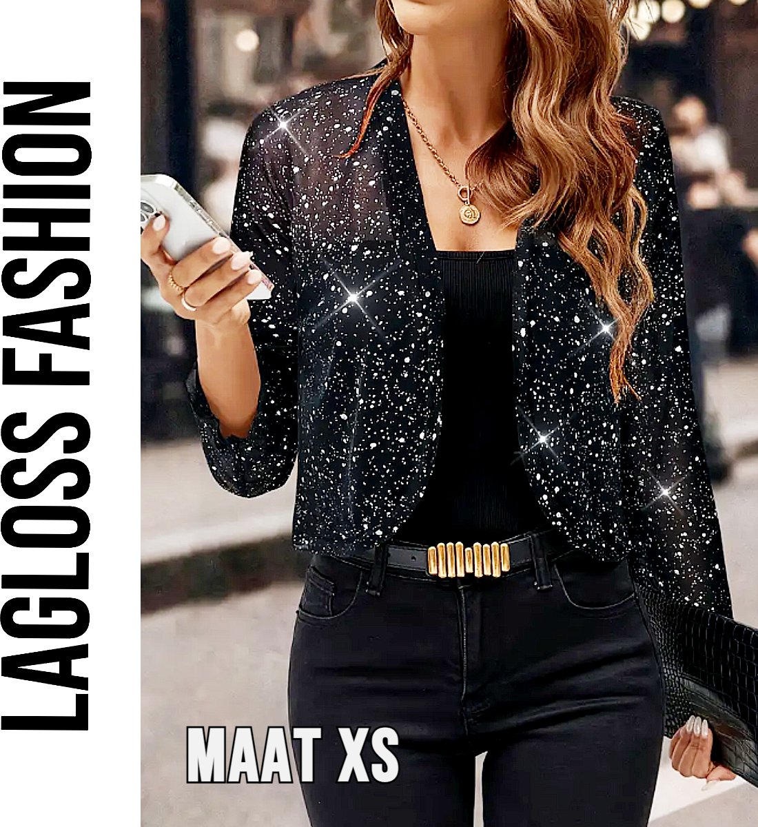 LaGloss® Feestelijk Bolerojasje met Lange Mouwen – Open Voorkant, Licht Elastisch, Perfect voor Kerst, Oud & Nieuw en Avondkleding – Maat XS