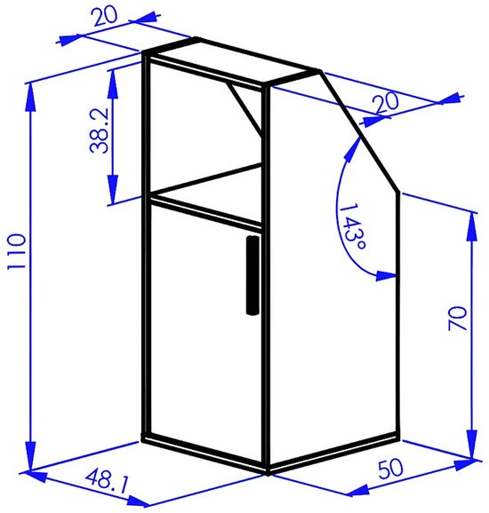Technische tekening van een witte kastmodule met naturel houten deur en nis.