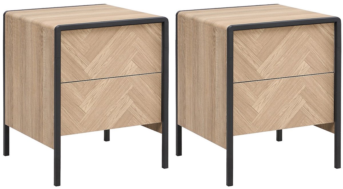 Vente-unique Set van 2 nachtkastjes - 2 lades - MDF en metaal - Kleuren: houteffect en zwart - TUMACO Zwart, Natuurlijk licht