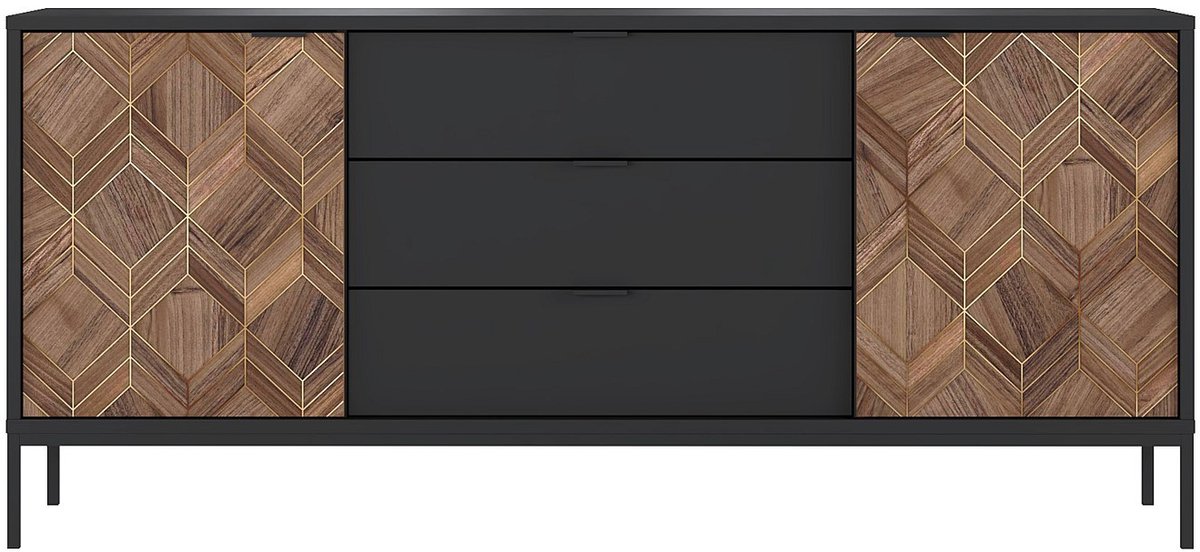 Vente-unique Buffetkast met 2 deurtjes en 3 lades - Zwart en donker naturel - MIALINE Zwart, Natuurlijk donker