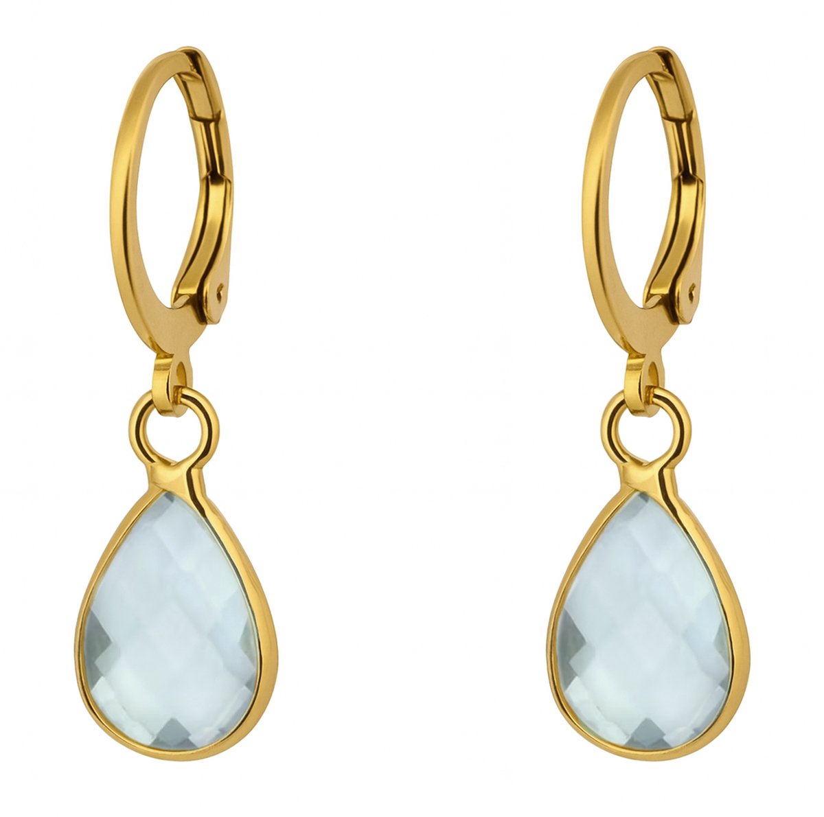 Oorbellen - gold plated staal - dames oorhangers - druppelvormige hanger - natuursteen - transparant maansteen - licht blauw
