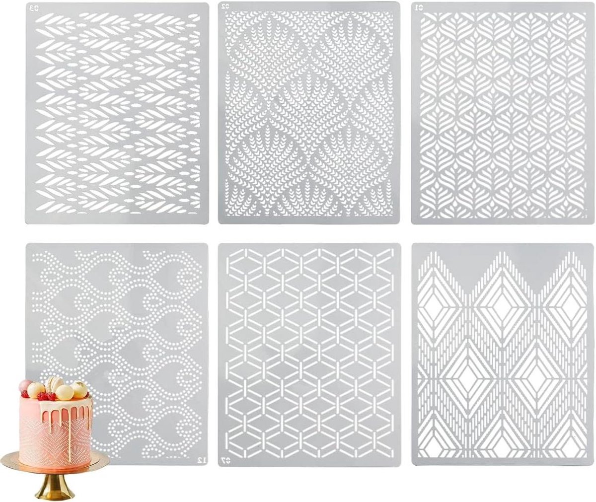 Cosensi - Cake stencil set met 6 stuks, 25x20,5 cm, voor botercrème decoratie, cake patronen, en fondant stencils. Ideaal voor verjaardagen en bruiloften.
