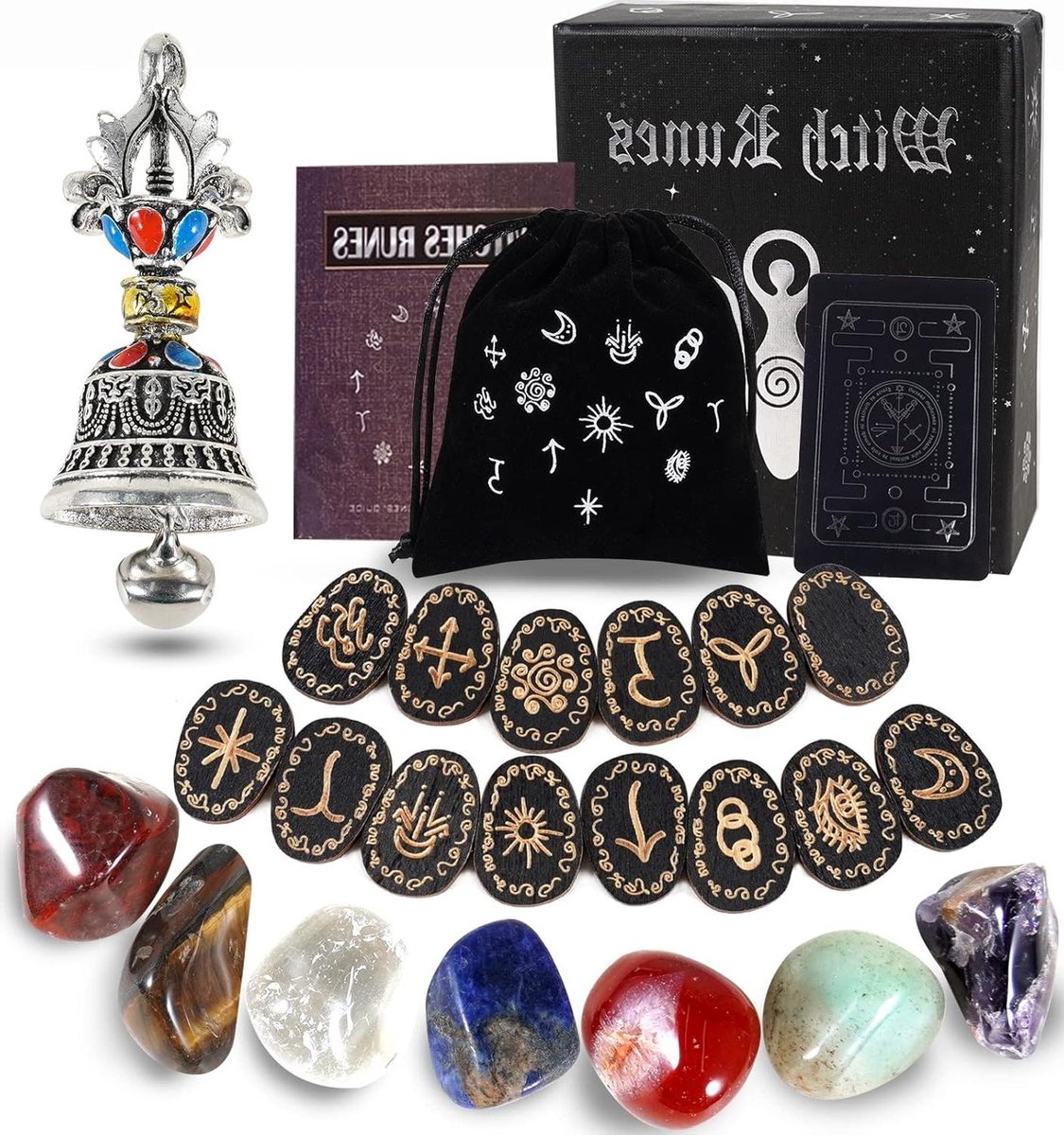 Provento - Rune Set voor Heks met Zeven Chakra Healing Crystals en Meditatie Bell