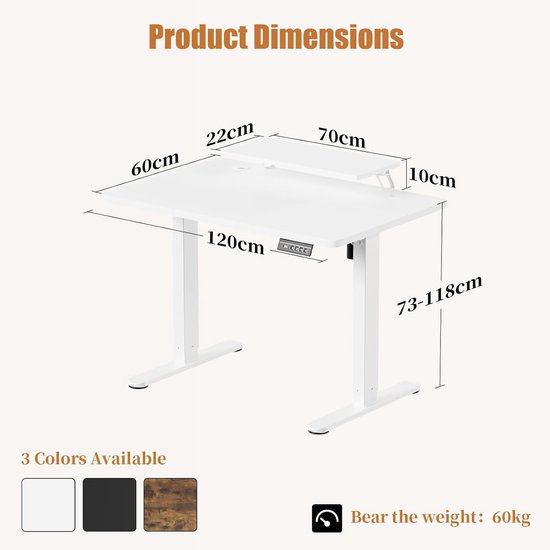 Devoko In Hoogte Verstelbaar Bureau met Monitorstandaard, Elektrisch Bureau met 2 Hoogtegeheugenregelaars, Ergonomisch Zit-Sta Bureau, 120 x 60 cm, Bruin