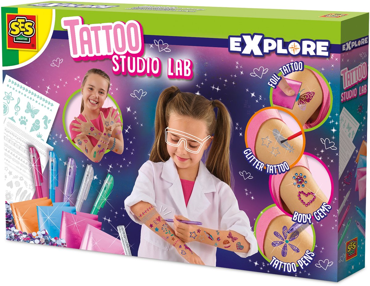 SES Creative - explore - tattoo studio lab - science speelgoed voor kinderen - tattoos maken - glitter tattoo - tattoo armband - stem speelgoed - experimenteerdozen -made in holland - vanaf 5 jaar
