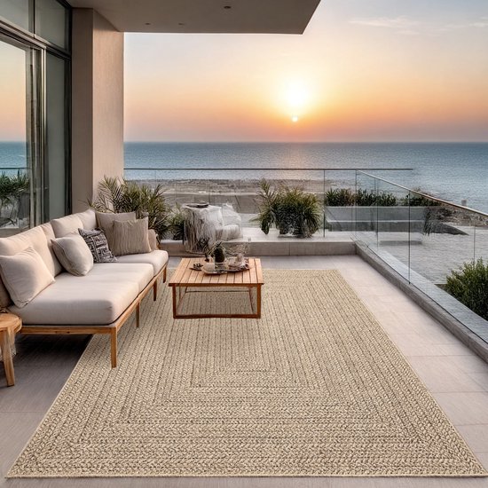 Tapis d'extérieur Look jute – Rectangulaire à motif carré marron – Look naturel – Résistant aux intempéries et aux UV – 300 x 400 cm