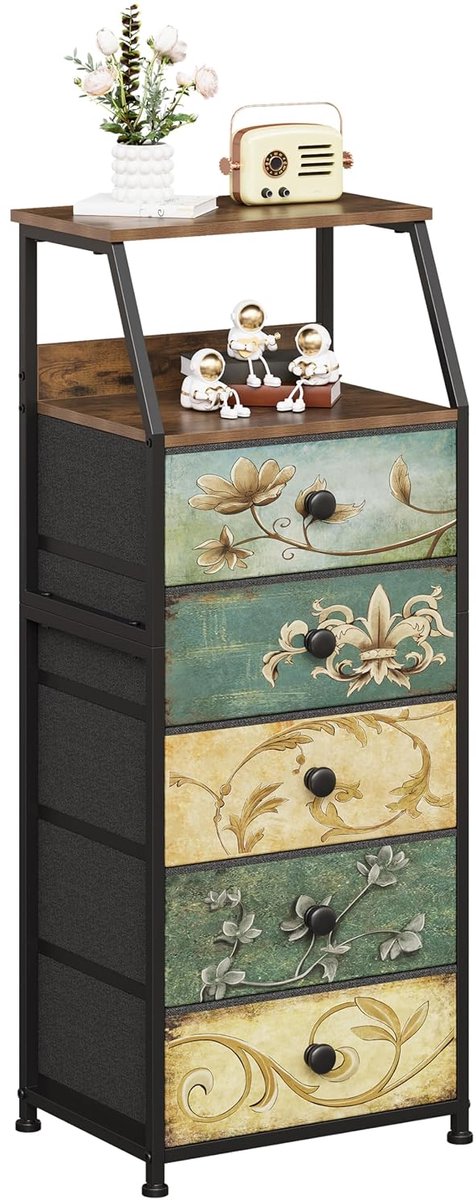 TRANKIELO® - Commodekast met 5 stoffen laden – Vintage design – Robuuste opbergkast voor slaapkamer en woonkamer