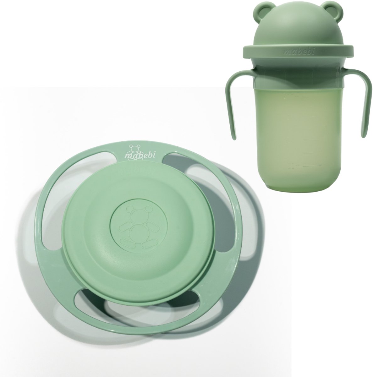 Mabebi 360° Oefenbeker - 360° Oefenkom - Kinderbeker met handvaten - Kinderkom met handvaten - Antiknoei eetset - Voorkom overbodig geknoei - Baby, Peuter en Kleuter - Kraamcadeau - Cadeauset - Groen