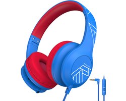 PowerLocus PLED Wired Kinder Koptelefoon met Draad - Koptelefoon voor kinderen - Veilig volume van 85dB en 94dB - Hoofdtelefoon - Met microfoon - Sharing Audio Functie - Blauw/Rood