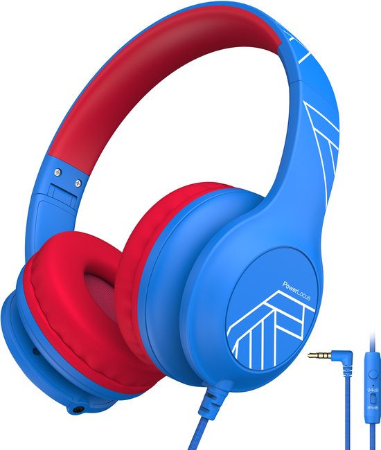 PowerLocus PLED Wired Kinder Koptelefoon met Draad - Koptelefoon voor kinderen - Veilig volume van 85dB en 94dB - Hoofdtelefoon - Met microfoon - Sharing Audio Functie - Blauw/Rood