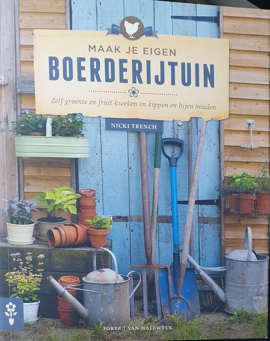 Boekcover 'Maak je eigen boerderijtuin' met tuingereedschap en planten.