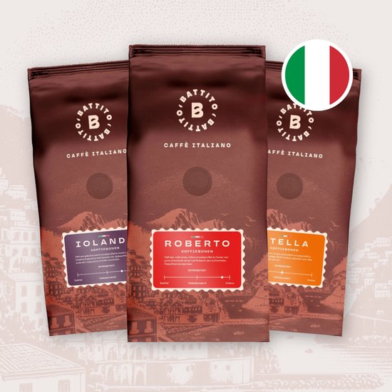 Drie zakken Battito koffiebonen: Iolanda, Roberto en Stella, met Italiaanse vlag en achtergrond met Napolitaans landschap.