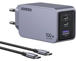 Ugreen Nexode Pro EU 3-Port GaN PD Fast Charger With USB-C Cable Universeel Zwart, Grijs AC Snel opladen Binnen