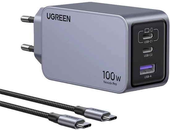 Ugreen 100W GaN oplader USB-C 2x USB 3-poorten snel opladen laptop smartphone tablet veilig compact