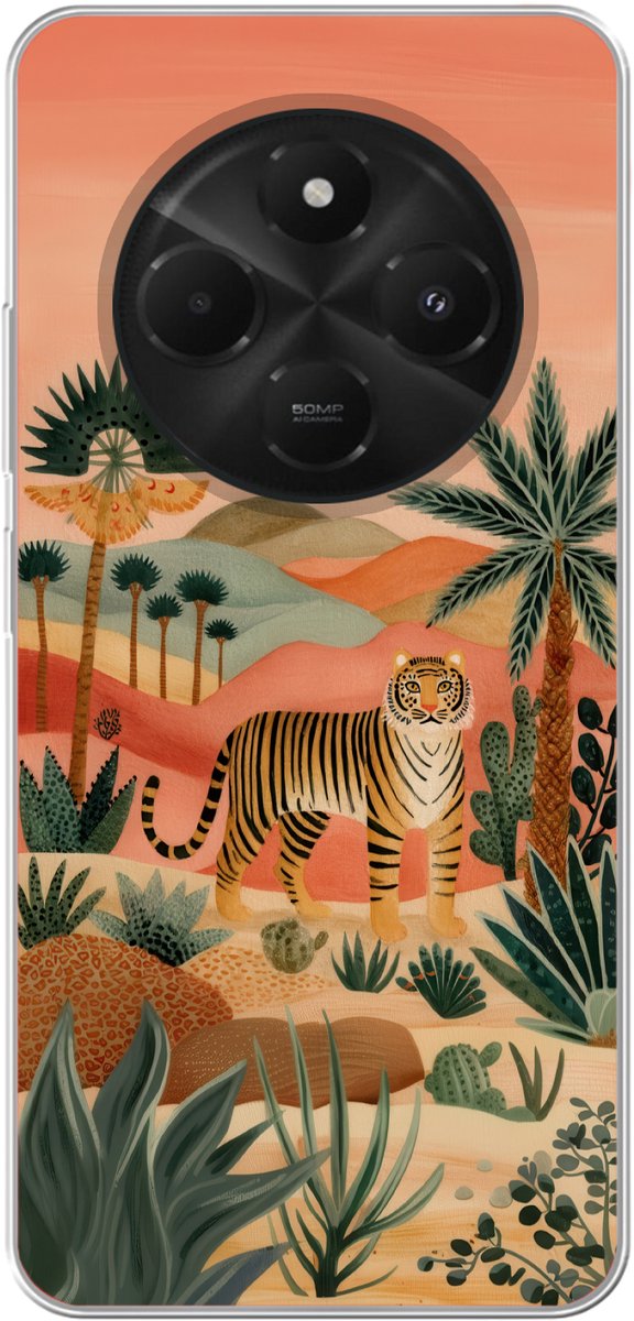 Telefoonhoesje Geschikt voor Xiaomi Geschikt voor Poco C75 hoesje - Tijger - Palmen - Cactus - Oranje - Siliconen Telefoonhoesje Telefoonhoesje