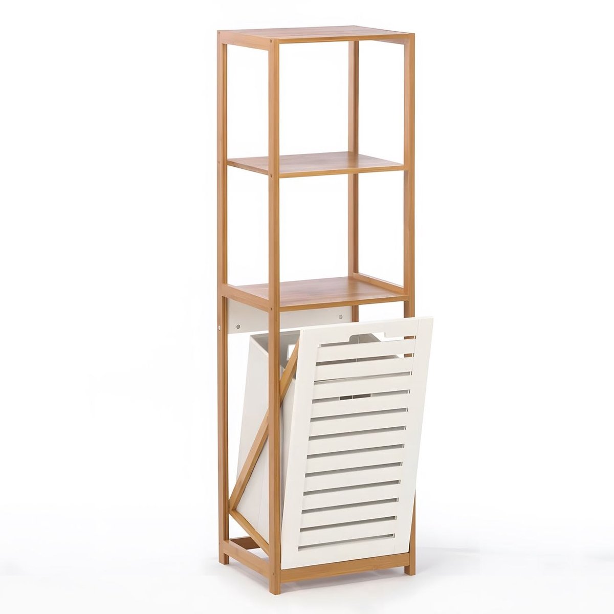 BEGRYF Badkamerkast met Wasmand - Bamboe - Hoge Kast - 3 Planken - 130 cm Hoog - 40L - Naturel & Wit
