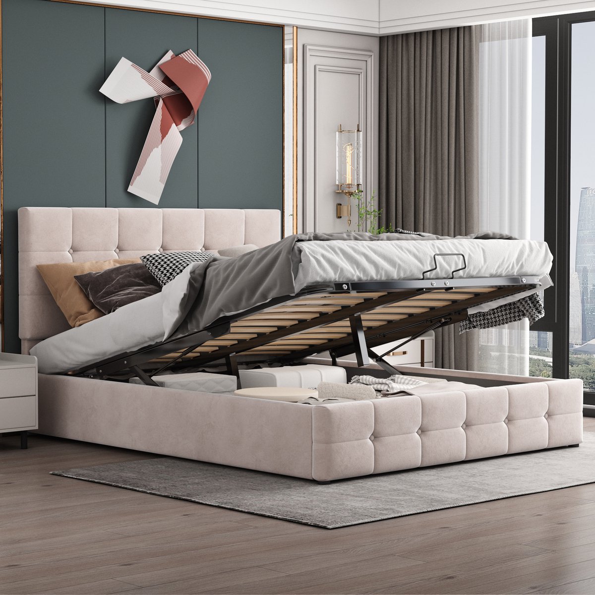 SONNENH Bed 140x200 cm - Crème fluweel - Metalen lattenbodem 24 latten - Hydraulisch opbergmechanisme 28 cm ruimte - Hoogte verstelbaar hoofdeinde - 250 kg belastbaarheid - Modern comfort slaapkamer