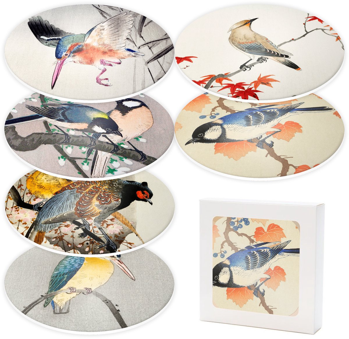 Set van 6 onderzetters voor glazen (forex) - Vogelprenten van de Japanse meester Ohara Koson - Diameter 10 cm - Gemaakt in Nederland
