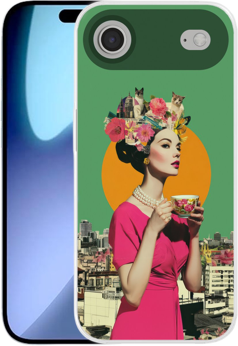Telefoonhoesje Geschikt voor iPhone Air hoesje - Retro - Vrouw - Stad - Zon - Siliconen Telefoonhoesje Telefoonhoesje