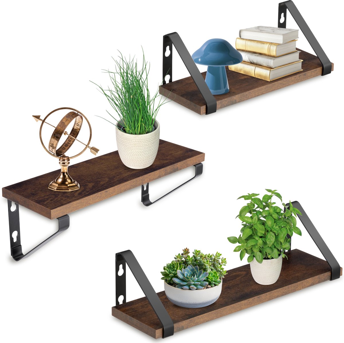 Tectake Wandplanken - Hangplanken van hout - Boekenplank - Zwevende planken voor woonkamer, slaapkamer, kantoor - Industrieel design - Zwart metalen frame - Afmeting (LxBxH) 30x12x12 cm, 35x12x12cm en 40x12x12 cm - Set van 3 planken - Donkerbruin