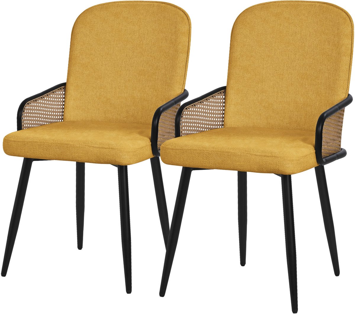 ml-design eetkamerstoelen set van 2 mosterd gestoffeerde keukenstoelen met armleuningen en rugleuning rotanlook comfortabele ergonomische stoffen eetkamer fauteuils met metalen poten luxe lounge accentstoelen voor eettafel en woonkamer