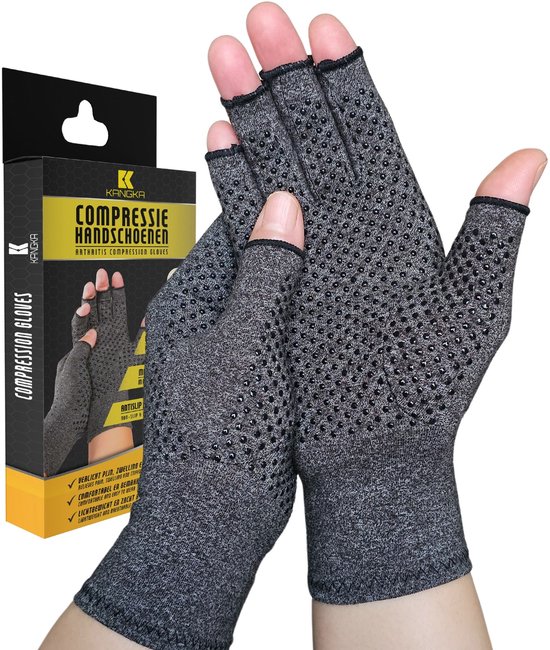Kangka Gants Thérapeutiques Rhumatismes avec Antidérapants et Bouts des Doigts Ouverts Taille M - Grijs