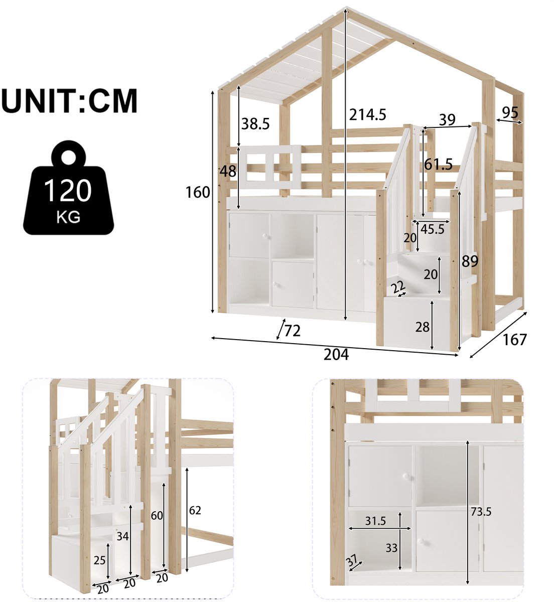 Halfhoogslaper 90x200 cm - huisvorm - bedrail - meerdere opbergkasten - opbergladder - raam - exclusief matras - wit en houtkleur