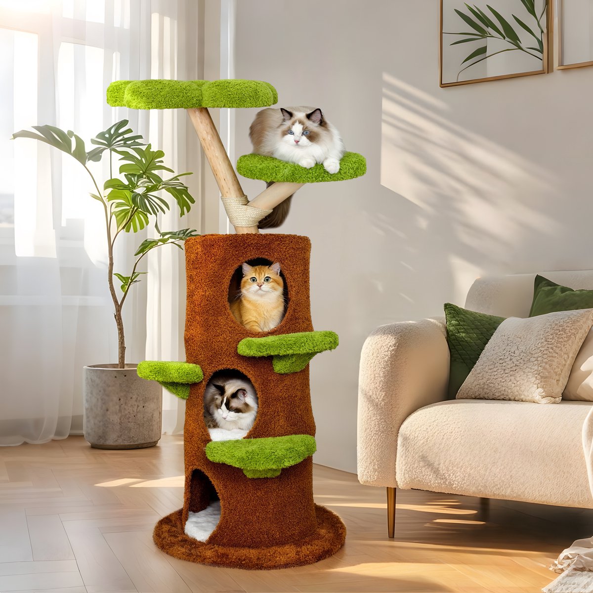BingoPaw Krabpaal voor Katten – 148 cm Kattenboom met Kattenhuis – Voor Katten ≤6 kg – Stabiel & Duurzaam – Sisal Touw – 3 Niveaus – Grote Kattenmand – Kattenmeubel – Speelboom – Groen & Bruin