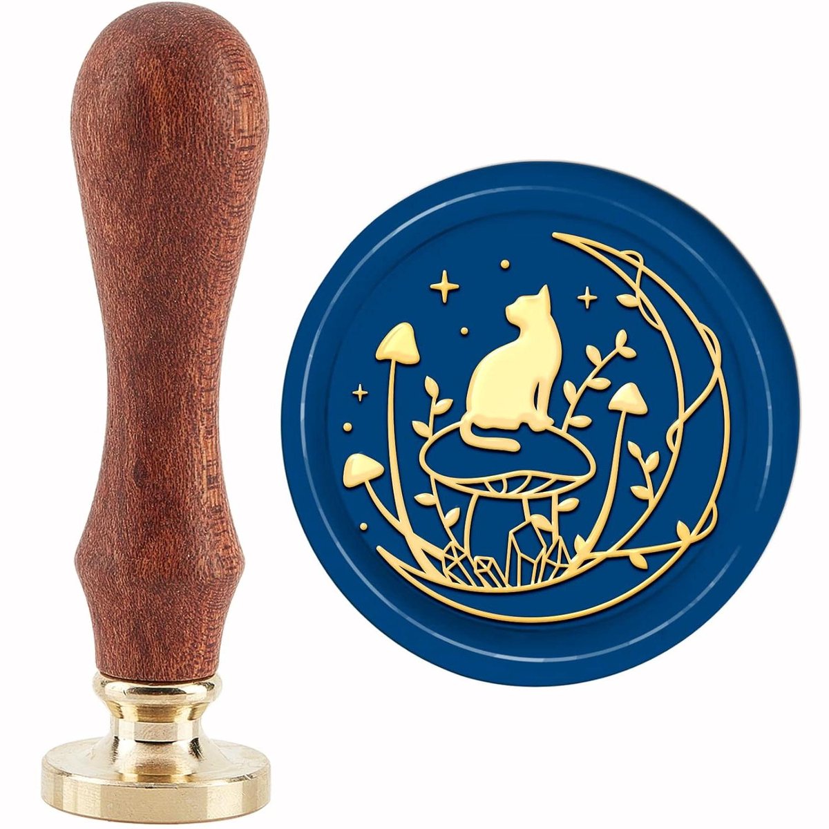 CSGoods - Wax Seal Stempel Maan Kat Zegellak Stempels Paddestoel 30mm Verwijderbaar Messing Hoofd Afdichting Stempel Houten Handvat Uitnodigingen Kaarten Valentijnsdag Gift Wrap